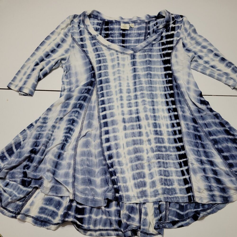 Saint Tropez Womens Small Blouse Nautical Navy High Low V‎ Neck Comfort Stretch